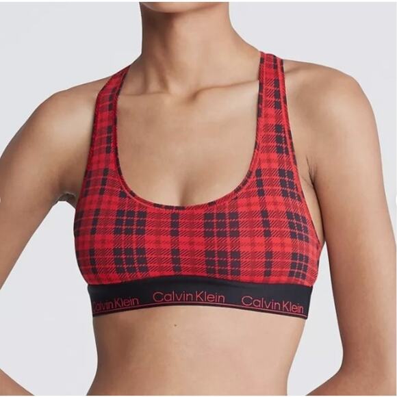 Calvin Klein Bralette Womens Small Red Black Tartan Plaid Unlined Modern Cotton - Picture 1 of 9